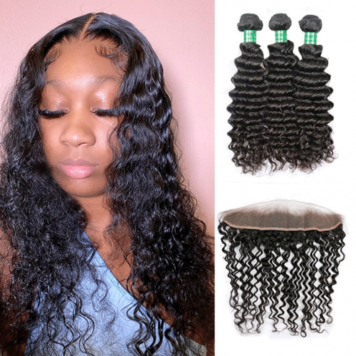 3 Bundles Deep Wave mit vorgezupftem 13*4 Lace Frontal 100% Echthaar Berrys Fashion Hair